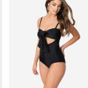 Unique Vintage Black Sweetheart Bow Cut Out Avila Swimsuit Large PINUP RETRO